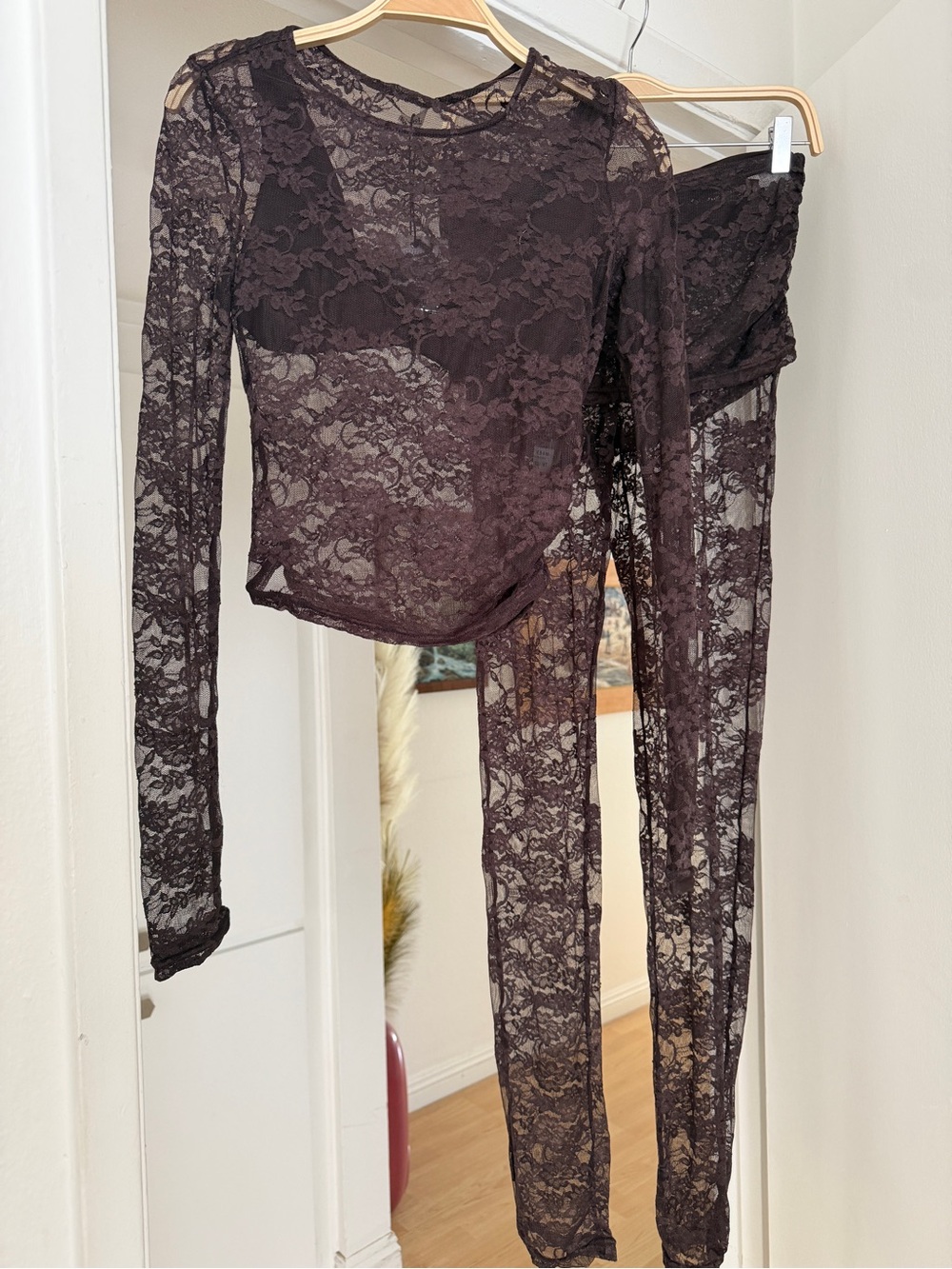 Mars The Label Sheer Floral Lace Long-Sleeve Set- Brown